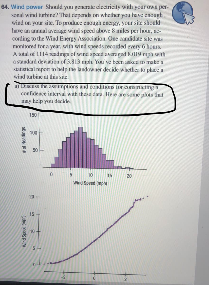 64. Wind power Should you generate electricity with your own per-
sonal wind turbine? That depends on whether you have enough
wind on your site. To produce enough energy, your site should
have an annual average wind speed above 8 miles per hour, ac-
cording to the Wind Energy Association. One candidate site was
monitored for a year, with wind speeds recorded every 6 hours.
A total of 1114 readings of wind speed averaged 8.019 mph with
a standard deviation of 3.813 mph. You've been asked to make a
statistical report to help the landowner decide whether to place a
wind turbine at this site.
a) Discuss the assumptions and conditions for constructing a
confidence interval with these data. Here are some plots that
may help you decide.
150
100
50 F
5
10
15
20
Wind Speed (mph)
15 +
10 +
5 +
++ pe
-2
Wind Speed (mph)
# of Readings
20
