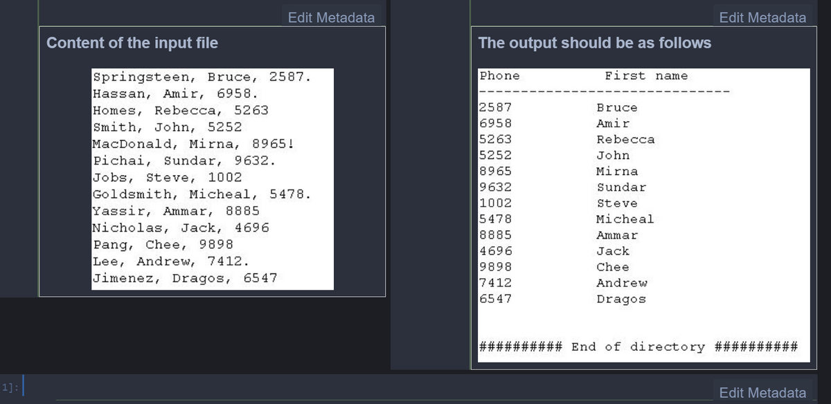 Edit Metadata
Edit Metadata
Content of the input file
The output should be as follows
Springsteen, Bruce, 2587.
Hassan, Amir, 6958.
Homes, Rebecca, 5263
Smith, John, 5252
MacDonald, Mirna, 8965!
Pichai, undar,
Jobs, Steve, 1002
Goldsmith, Micheal, 5478.
Yassir, Ammar, 8885
Nicholas, Jack, 4696
Pang, Chee, 9898
Lee, Andrew, 7412.
Jimenez,
Phone
First name
2587
6958
Bruce
Amir
5263
5252
8965
9632
1002
5478
8885
4696
9898
7412
Rebecca
John
9632.
Mirna
Sundar
Steve
Micheal
Ammar
Jack
Chee
Dragos, 6547
Andrew
6547
Dragos
##3# End of directory
#3%23
1] :
Edit Metadata
