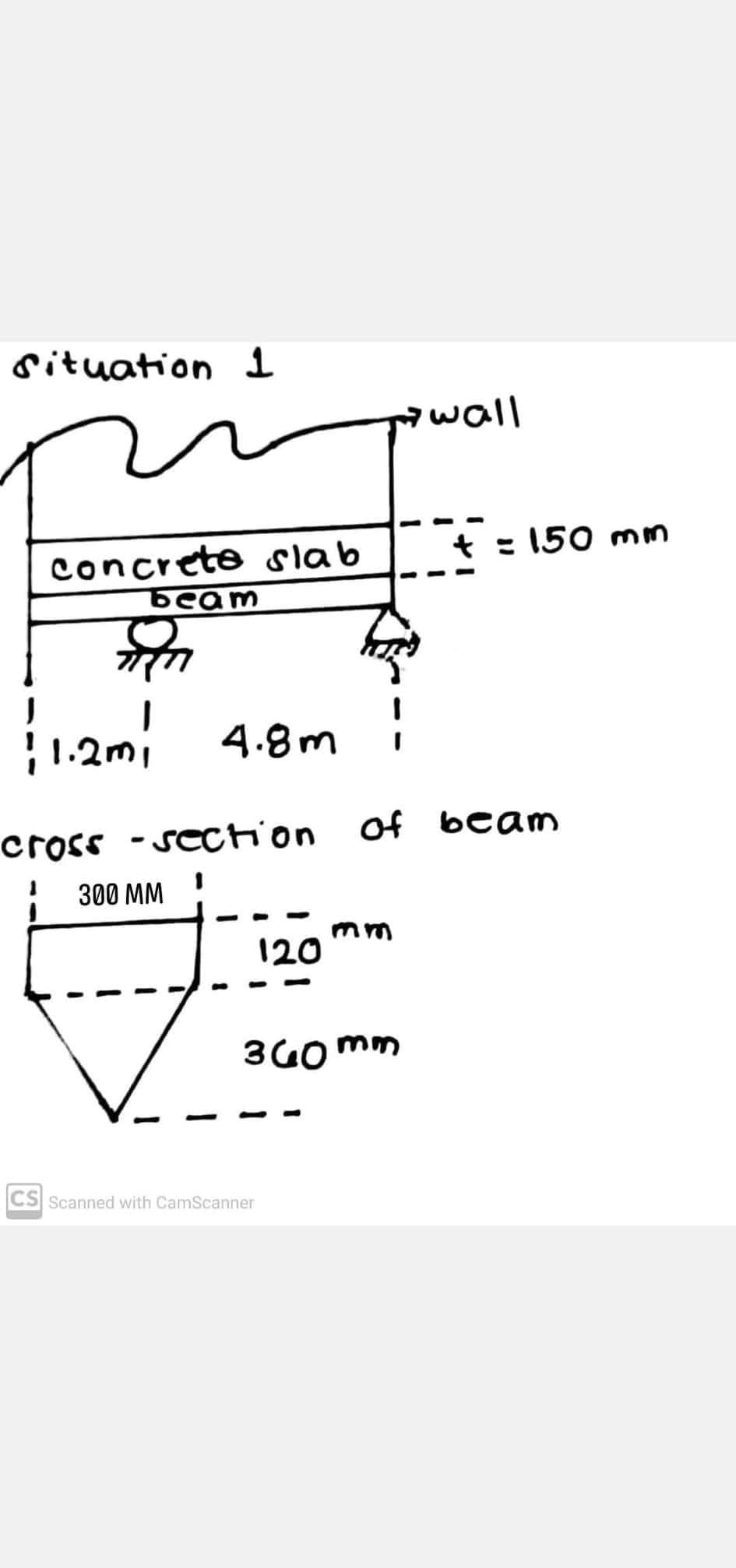 Situation 1
concrete slab
beam
गरेल
11.201 4.8m 1
cross-section of
300 MM
120
CS Scanned with CamScanner
ܕ
mm
360mm
of beam
wall
+= 150 mm