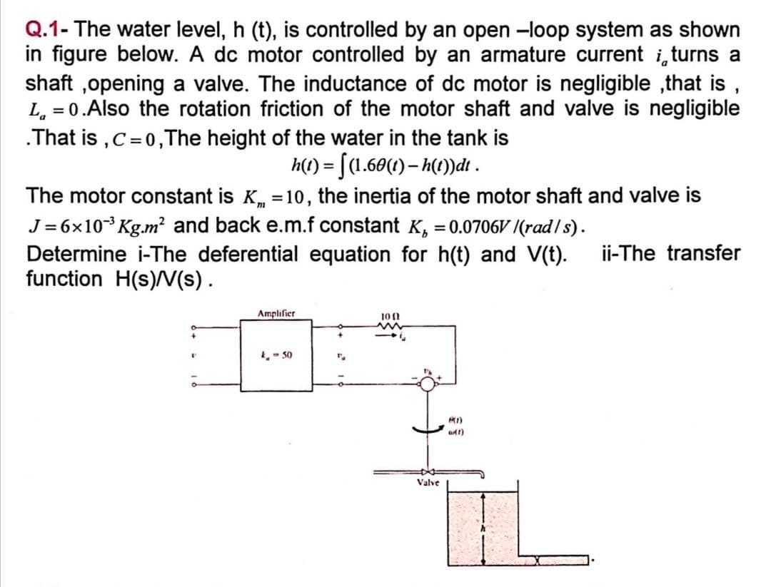 Q.1- The water level, h (t), is controlled by an open -loop system as shown
in figure below. A dc motor controlled by an armature current i turns a
shaft,opening a valve. The inductance of dc motor is negligible ,that is,
L₁=0.Also the rotation friction of the motor shaft and valve is negligible
.That is,C=0,The height of the water in the tank is
h(t) = § (1.60(t) — h(t))dt .
The motor constant is K=10, the inertia of the motor shaft and valve is
J=6x10³ Kg.m² and back e.m.f constant K, = 0.0706V/(rad/s).
Determine i-The deferential equation for h(t) and V(t). ii-The transfer
function H(s)/V(s).
Amplifier
k - 50
1001
www
Valve
(1)
(1)