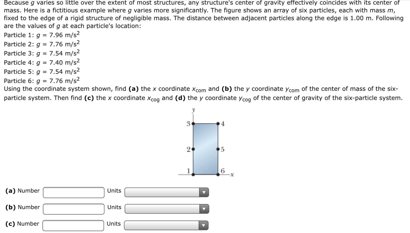 Because g varies so little over the extent of most structures, any structure's center of gravity effectively coincides with its center of
mass. Here is a fictitious example where g varies more significantly. The figure shows an array of six particles, each with mass m,
fixed to the edge of a rigid structure of negligible mass. The distance between adjacent particles along the edge is 1.00 m. Following
are the values of g at each particle's location:
Particle 1: g = 7.96 m/s²
7.76 m/s2
Particle 3: g = 7.54 m/s?
= 7.40 m/s?
Particle 5: g = 7.54 m/s²
7.76 m/s?
Particle 2: g
Particle 4: g
Particle 6: g
Using the coordinate system shown, find (a) the x coordinate xcom and (b) the y coordinate ycom of the center of mass of the six-
particle system. Then find (c) the x coordinate xcog and (d) the y coordinate ycog of the center of gravity of the six-particle system.
6.
(a) Number
Units
(b) Number
Units
(c) Number
Units
