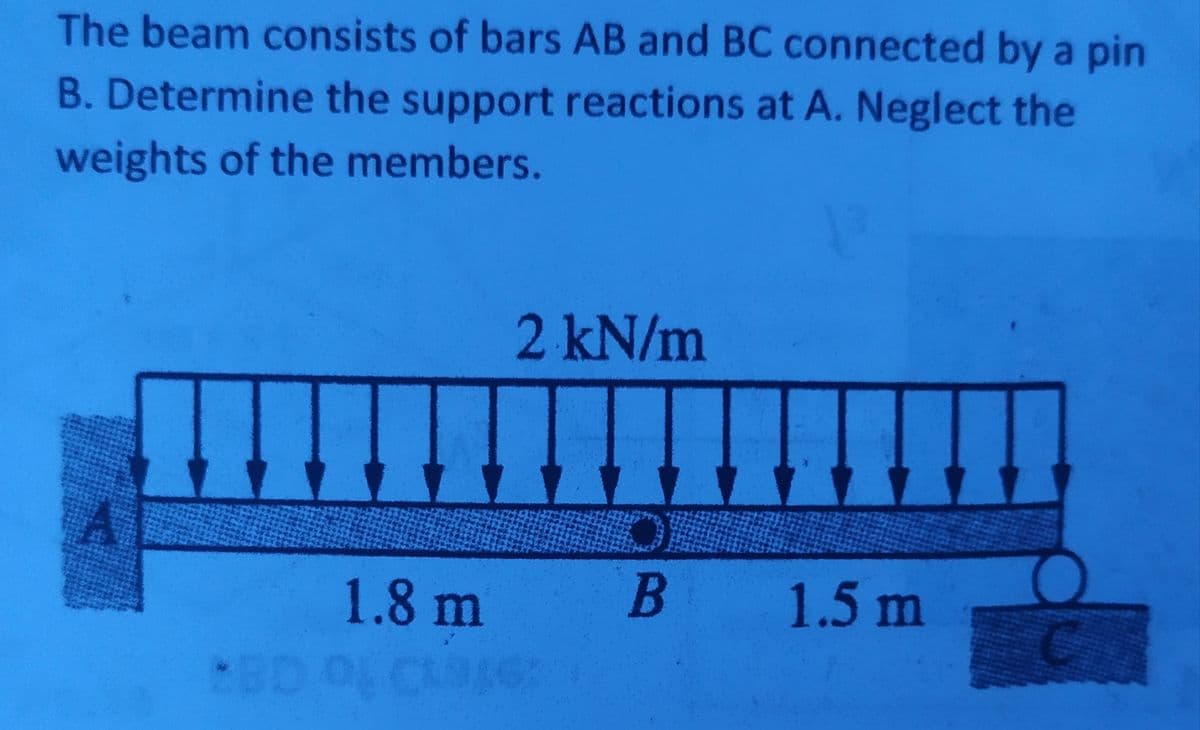 The beam consists of bars AB and BC connected by a pin
B. Determine the support reactions at A. Neglect the
weights of the members.
2kN/m
1.8 m
1.5m
*BD
BD 0LC
