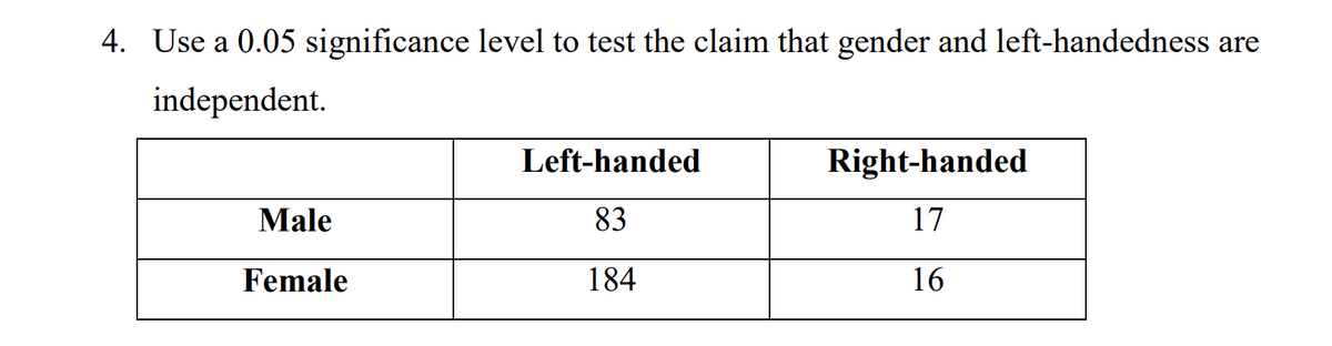 4. Use a 0.05 significance level to test the claim that gender and left-handedness are
independent.
Male
Female
Left-handed
83
184
Right-handed
17
16