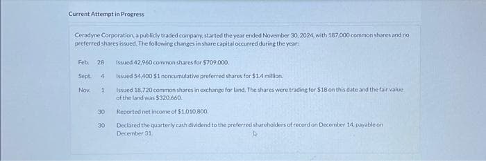 Current Attempt in Progress
Ceradyne Corporation, a publicly traded company, started the year ended November 30, 2024, with 187,000 .common shares and no
preferred shares issued. The following changes in share capital occurred during the year:
Feb. 28
Sept. 4
Nov
1
30
30
Issued 42,960 common shares for $709,000.
Issued 54,400 $1 noncumulative preferred shares for $1.4 million.
Issued 18,720 common shares in exchange for land. The shares were trading for $18 on this date and the fair value
of the land was $320,660.
Reported net income of $1,010.800.
Declared the quarterly cash dividend to the preferred shareholders of record on December 14, payable on
December 31.
D