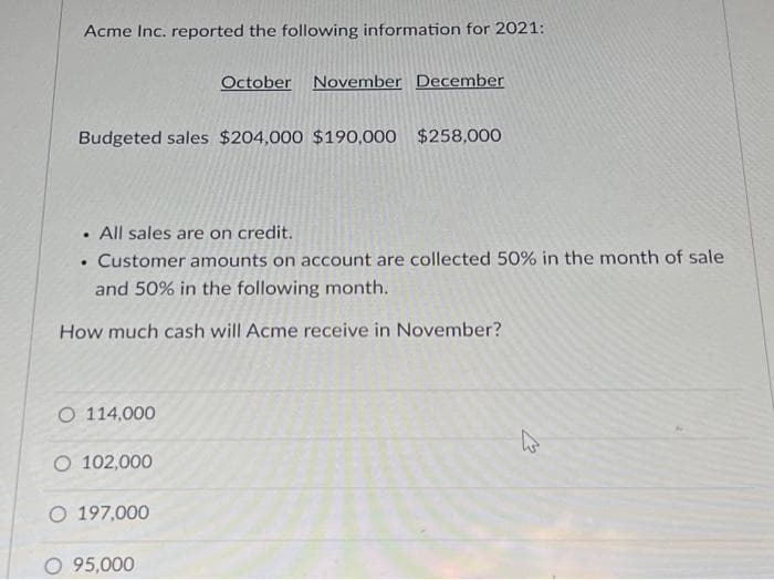 Acme Inc. reported the following information for 2021:
Budgeted sales $204,000 $190,000 $258,000
.
All sales are on credit.
Customer amounts on account are collected 50% in the month of sale
and 50% in the following month.
How much cash will Acme receive in November?
O 114,000
O 102,000
October November December
O 197,000
95,000
کے