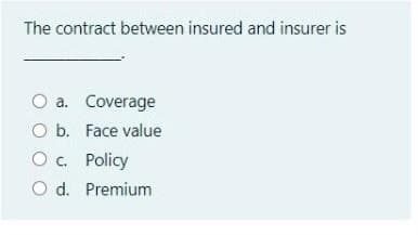 The contract between insured and insurer is
a. Coverage
O b. Face value
Oc. Policy
O d. Premium
