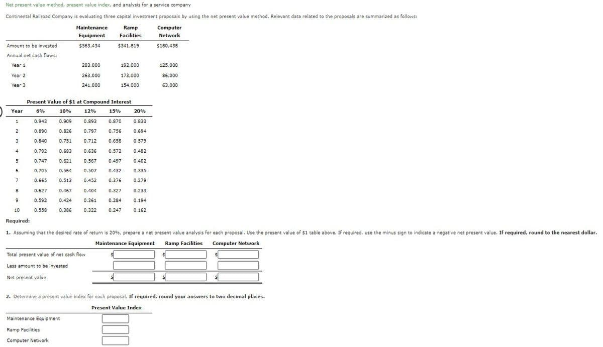 Net present value method, present value index, and analysis for a service company.
Continental Railroad Company is evaluating three capital investment proposals by using the net present value method. Relevant data related to the proposals are summarized as follows:
Maintenance
Equipment
Ramp
Facilities
Computer
Network
Amount to be invested
$563,434
$341,819
$180,438
Annual net cash flows:
Year 1
283,000
192,000
125,000
Year 2
263,000
173,000
86,000
Year 3
241,000
154,000
63,000
Present Value of $1 at Compound Interest
Year
6%
10%
12%
15%
20%
1
0.943
0.909
0.893
0.870
0.833
2
0.890
0.826
0.797
0.756
0.694
3
0.840
0.751
0.712
0.658
0.579
4
0.792
0.683
0.636
0.572
0.482
5
0.747
0.621
0.567
0.497
0.402
6
0.705
0.564
0.507
0.432
0.335
7
0.665
0.513
0.452
0.376
0.279
8
0.627
0.467
0.404
0.327
0.233
9
10
0.592
0.558
0.424
0.361
0.284
0.194
0.386
0.322
0.247
0.162
Required:
1. Assuming that the desired rate of return is 20%, prepare a net present value analysis for each proposal. Use the present value of $1 table above. If required, use the minus sign to indicate a negative net present value. If required, round to the nearest dollar.
Maintenance Equipment
Ramp Facilities Computer Network
Total present value of net cash flow
Less amount to be invested
Net present value
2. Determine a present value index for each proposal. If required, round your answers to two decimal places.
Present Value Index
Maintenance Equipment
Ramp Facilities
Computer Network