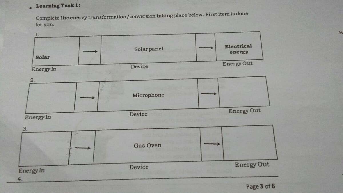 Learning Task 1:
Complete the energy transformation/conversion taking place below. First item is done
for you.
1.
B
Solar panel
Electrical
Solar
energy
Energy In
Device
Energy Out
2.
Microphone
Device
Energy Out
Energy In
3.
Gas Oven
Energy In
Device
Energy Out
4.
Page 3 of 6
1

