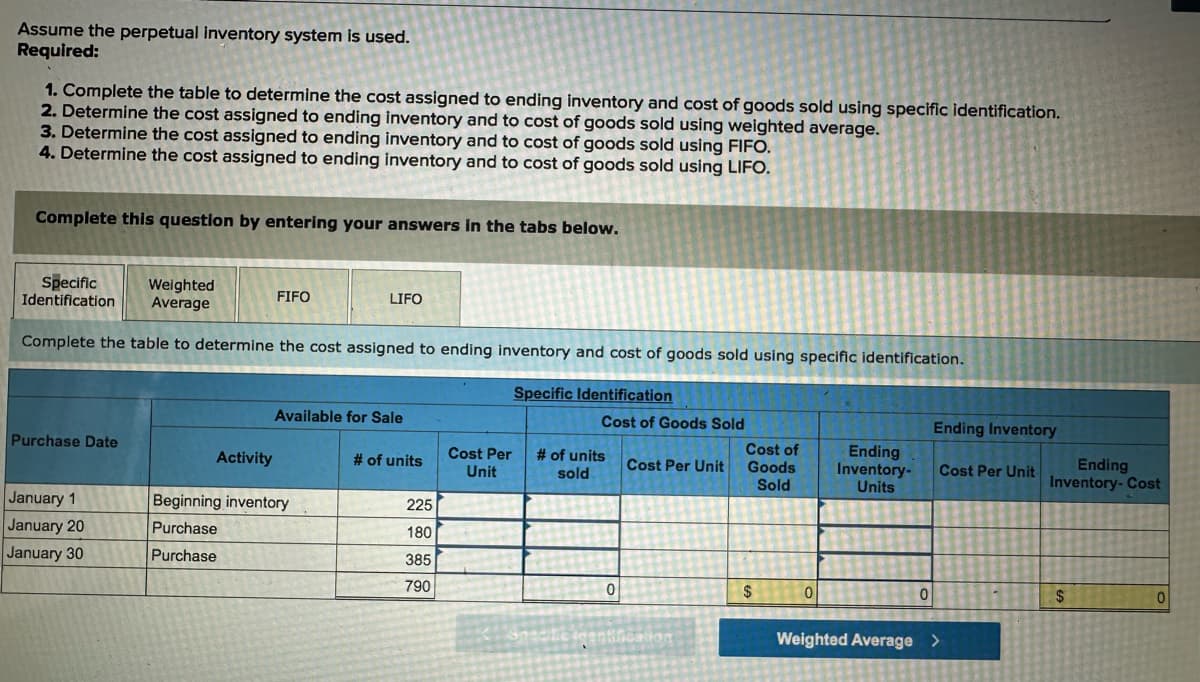 Assume the perpetual inventory system is used.
Required:
1. Complete the table to determine the cost assigned to ending inventory and cost of goods sold using specific identification.
2. Determine the cost assigned to ending inventory and to cost of goods sold using weighted average.
3. Determine the cost assigned to ending inventory and to cost of goods sold using FIFO.
4. Determine the cost assigned to ending inventory and to cost of goods sold using LIFO.
Complete this question by entering your answers in the tabs below.
Specific
Identification
Weighted
Average
FIFO
LIFO
Complete the table to determine the cost assigned to ending inventory and cost of goods sold using specific identification.
Specific Identification
Available for Sale
Cost of Goods Sold
Ending Inventory
Purchase Date
Activity
# of units
Cost Per
Unit
# of units
sold
Cost Per Unit
Cost of
Goods
Sold
Ending
Inventory-
Units
Cost Per Unit
Ending
Inventory-Cost
January 1
January 20
Beginning inventory
Purchase
225
180
January 30
Purchase
385
790
0
$
0
0
0
ation
Weighted Average >