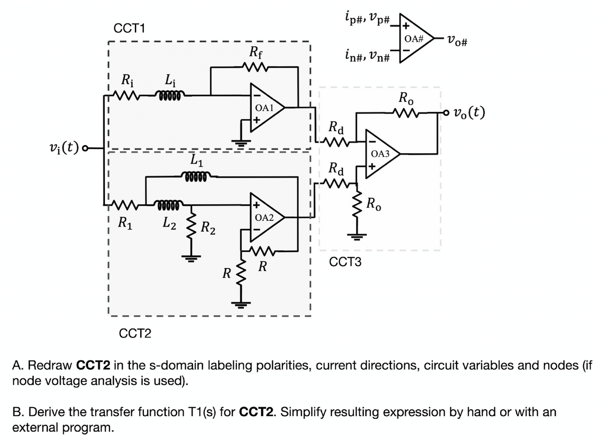 vi(t)
CCT1
Ri
R₁
CCT2
Li
00000
wwwww
L2
00000
R₂
R
Rf
OA1
OA2
ww
R
ip#, Vp#
in#, Vn#
Ra
Rd
CCT3
OA3
Ro
OA#
Ro
m
Vo#
To vo(t)
A. Redraw CCT2 in the s-domain labeling polarities, current directions, circuit variables and nodes (if
node voltage analysis is used).
B. Derive the transfer function T1(s) for CCT2. Simplify resulting expression by hand or with an
external program.