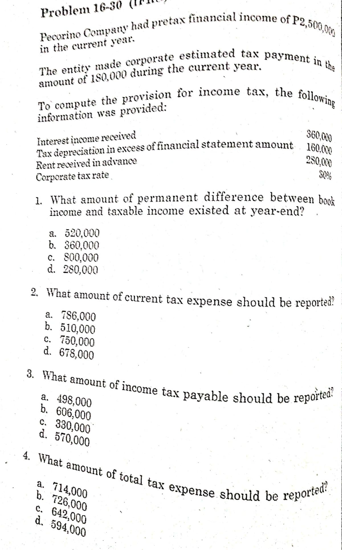 To compute the provision for income tax, the following
3. What amount of income tax payable should be reported?
4. What amount of total tax expense should be reported:
Fecorino Company had pretaxr financial income of P2,500,00g
The entity made corporate estimated tax payment in the
Tax depreciation in excess of financial statement amount 160,000
Problem 16-30
in the current year.
amount of 180, 000 during the current year.
information was provided:
S60,000
Interest income received
Tax depreciation in excess of financial statement amount
280,000
S0%
Rent received in advance
Corporate tax rate
1. What amount of permanent difference between boo
income and taxable income existed at year-end?
a. 520,000
b. 360,000
c. 800,000
d. 280,000
2. What amount of current tax expense should be reported?
a. 786,000
b. 510,000
c. 750,000
d. 678,000
3. What amount of income tax pavable should be reporer
a. 498,000
b. 606,000
c. 330,000
d. 570,000
a. 714,000
b. 726,000
c. 642,000
d. 594,000
