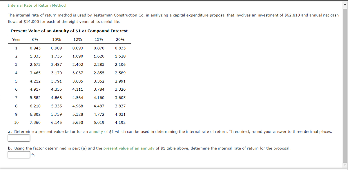 |
Internal Rate of Return Method
The internal rate of return method is used by Testerman Construction Co. in analyzing a capital expenditure proposal that involves an investment of $62,818 and annual net cash
flows of $14,000 for each of the eight years of its useful life.
Present Value of an Annuity of $1 at Compound Interest
Year
6%
12%
1
2
3
4
5
6
7
8
9
10
0.943
1.833
2.673
3.465
4.212
4.917
5.582
6.210
6.802
7.360
10%
0.909
1.736
2.487
3.170
3.791
4.355
4.868
5.335
5.759
6.145
0.893
1.690
2.402
3.037
3.605
4.111
4.564
4.968
5.328
5.650
15%
0.870
1.626
2.283
2.855
3.352
3.784
4.160
4.487
4.772
5.019
20%
0.833
1.528
2.106
2.589
2.991
3.326
3.605
3.837
4.031
4.192
a. Determine a present value factor for an annuity of $1 which can be used in determining the internal rate of return. If required, round your answer to three decimal places.
b. Using the factor determined in part (a) and the present value of an annuity of $1 table above, determine the internal rate of return for the proposal.
%