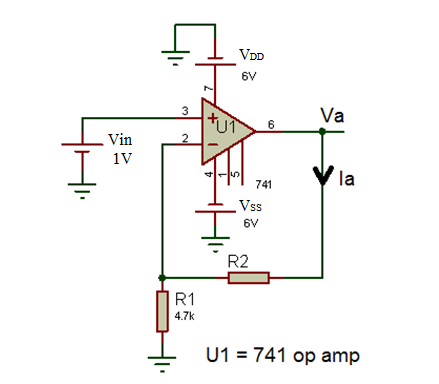 VDD
6V
Va
6
Vin
2
1V
la
741
Vss
6V
R2
R1
4.7k
U1 = 741 op amp
4.
3.
