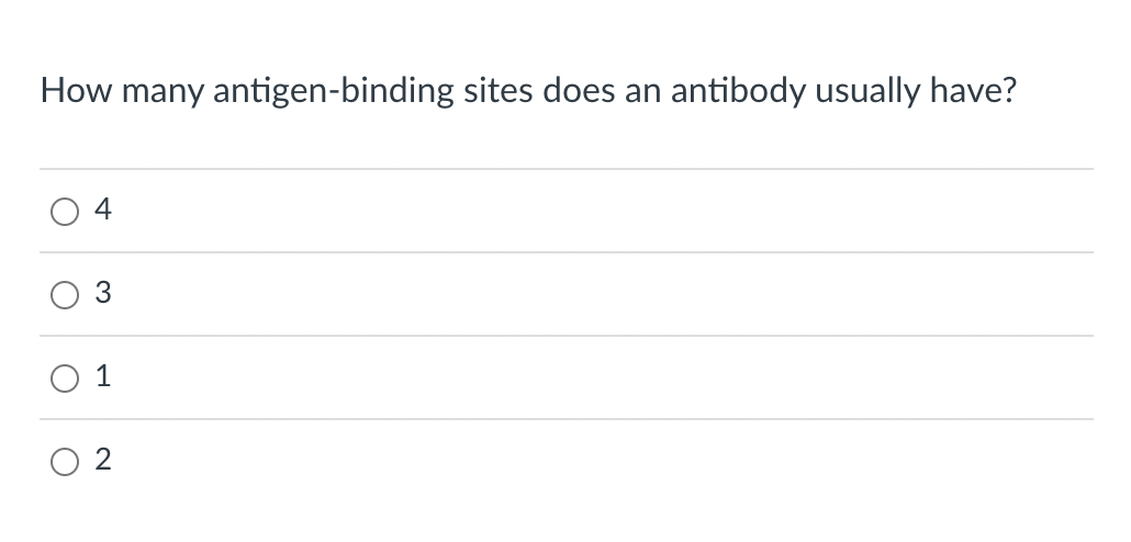 How many antigen-binding sites does an
antibody usually have?
4
1
2
