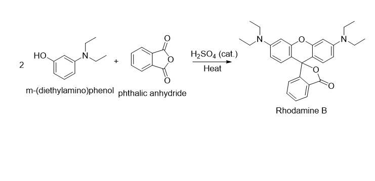 2
goo. of
НО.
+
m-(diethylamino)phenol
phthalic anhydride
H₂SO4 (cat.)
Heat
Rhodamine B