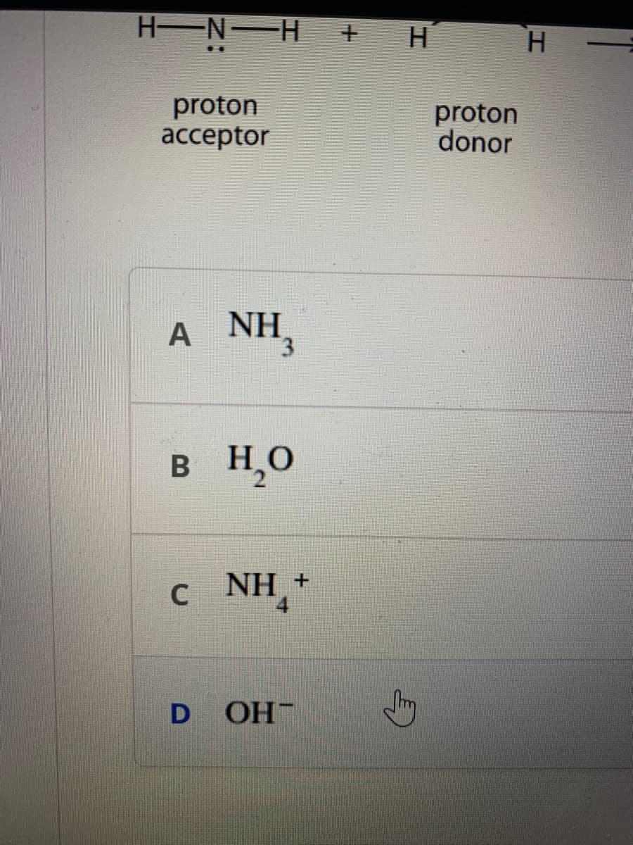 H N-H + H
proton
acсeptor
proton
donor
А
A NH,
в Н,О
NHA
C
4
D OH-
