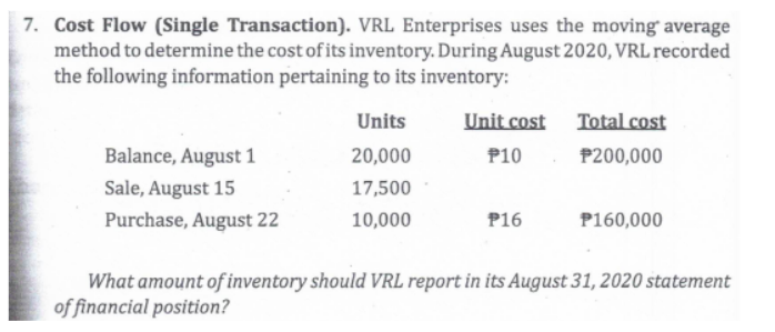 7. Cost Flow (Single Transaction). VRL Enterprises uses the moving average
method to determine the cost of its inventory. During August 2020, VRL recorded
the following information pertaining to its inventory:
Units
Unit cost Total cost
Balance, August 1
20,000
P10
P200,000
Sale, August 15
17,500
Purchase, August 22
10,000
P16
P160,000
What amount of inventory should VRL report in its August 31, 2020 statement
of financial position?
