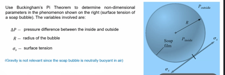 Pide
Use Buckingham's PI Theorem to determine non-dimensional
parameters in the phenomenon shown on the right (surface tension of
a soap bubble). The variables involved are:
R
AP - pressure difference between the inside and outside
R- radius of the bubble
Pide
Soap
film
surface tension
(Gravity is not relevant since the soap bubble is neutrally buoyant in air)
