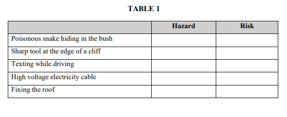 TABLE 1
Hazard
Risk
Poisonous snake hiding in the bush
Sharp tool at the edge of a cliff
Texting while driving
High voltage electricity cable
Fixing the roof
