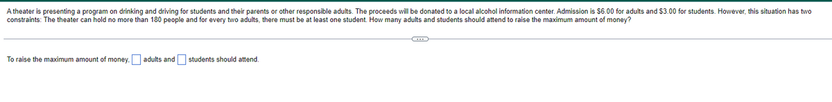 A theater is presenting a program on drinking and driving for students and their parents or other responsible adults. The proceeds will be donated to a local alcohol information center. Admission is $6.00 for adults and $3.00 for students. However, this situation has two
constraints: The theater can hold no more than 180 people and for every two adults, there must be at least one student. How many adults and students should attend to raise the maximum amount of money?
To raise the maximum amount of money, adults and students should attend.
C