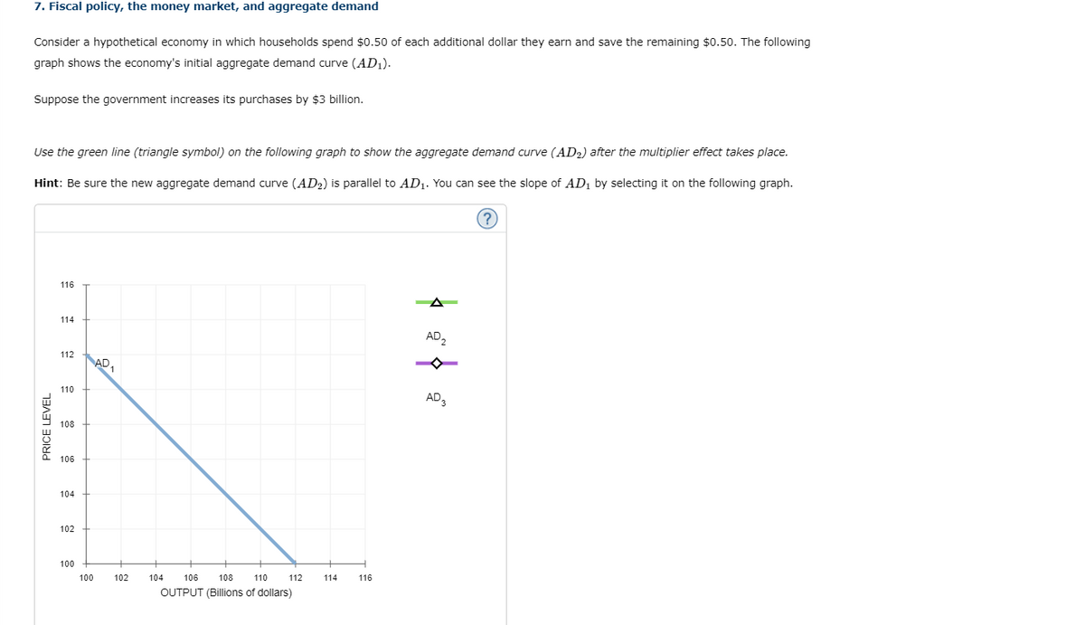 7. Fiscal policy, the money market, and aggregate demand
Consider a hypothetical economy in which households spend $0.50 of each additional dollar they earn and save the remaining $0.50. The following
graph shows the economy's initial aggregate demand curve (AD1).
Suppose the government increases its purchases by $3 billion.
Use the green line (triangle symbol) on the following graph to show the aggregate demand curve (AD2) after the multiplier effect takes place.
Hint: Be sure the new aggregate demand curve (AD2) is parallel to AD1. You can see the slope of AD1 by selecting it on the following graph.
?)
116
A
114
AD,
112
AD,
110
AD,
108
106
104
102
100
100
102
104
106
108
110
112
114
116
OUTPUT (Billions of dollars)
PRICE LEVEL
