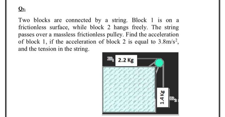 Qs:
Two blocks are connected by a string. Block 1 is on a
frictionless surface, while block 2 hangs freely. The string
passes over a massless frictionless pulley. Find the acceleration
of block 1, if the acceleration of block 2 is equal to 3.8m/s²,
and the tension in the string.
2.2 Kg
1.4 Kg
