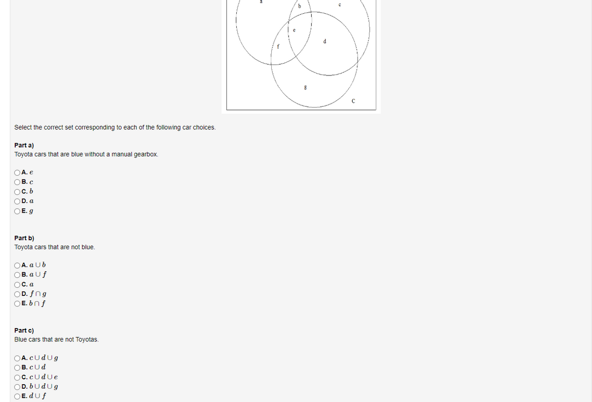 Select the correct set corresponding to each of the following car choices.
Part a)
Toyota cars that are blue without a manual gearbox.
A. e
OB.c
Oc.b
OD. a
OE. g
Part b)
Toyota cars that are not blue.
OA. a Ub
OB. a Uf
OC. a
OD. fng
OE.bnf
Part c)
Blue cars that are not Toyotas.
OA. CUdUg
OB. c Ud
OC.cUdUe
OD. bud Ug
OE.duf
a
8
с