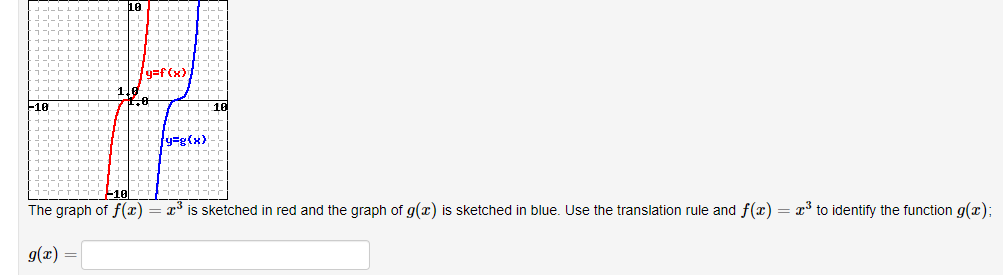 -10
g(x)
1-
=
LE
[g=f(x)
8
y=g(x)
10
The graph of f(x) = x³ is sketched in red and the graph of g(x) is sketched in blue. Use the translation rule and f(x) = x³ to identify the function g(x);
10