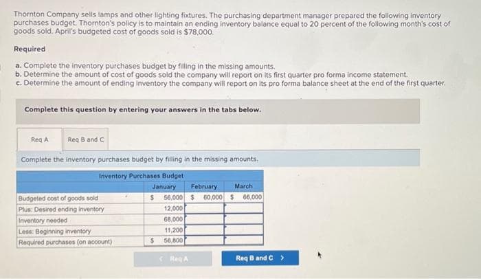 Thornton Company sells lamps and other lighting fixtures. The purchasing department manager prepared the following inventory
purchases budget. Thornton's policy is to maintain an ending inventory balance equal to 20 percent of the following month's cost of
goods sold. April's budgeted cost of goods sold is $78,000.
Required
a. Complete the inventory purchases budget by filling in the missing amounts.
b. Determine the amount of cost of goods sold the company will report on its first quarter pro forma income statement.
c. Determine the amount of ending inventory the company will report on its pro forma balance sheet at the end of the first quarter.
Complete this question by entering your answers in the tabs below.
Req A
Req B and C
Complete the inventory purchases budget by filling in the missing amounts.
Inventory Purchases Budget
January
$
Budgeted cost of goods sold
Plus: Desired ending inventory
Inventory needed
Less: Beginning inventory
Required purchases (on account)
$
February
March
56,000 $60,000 $ 66,000
12,000
68,000
11,200
56,800
< Reg A
Req B and C >