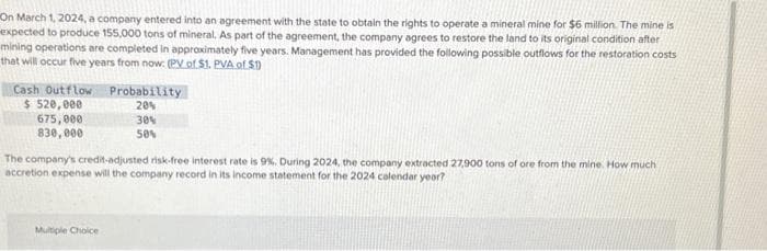 On March 1, 2024, a company entered into an agreement with the state to obtain the rights to operate a mineral mine for $6 million. The mine is
expected to produce 155,000 tons of mineral. As part of the agreement, the company agrees to restore the land to its original condition after
mining operations are completed in approximately five years. Management has provided the following possible outflows for the restoration costs
that will occur five years from now: (PV of $1. PVA of $1)
Cash Outflow
$ 520,000
675,000
830,000
Probability
20%
30%
50%
The company's credit-adjusted risk-free interest rate is 9%. During 2024, the company extracted 27,900 tons of ore from the mine. How much
accretion expense will the company record in its income statement for the 2024 calendar year?
Multiple Choice