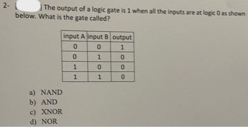 2- L
The output of a logic gate is 1 when all the inputs are at logic 0 as shown
below. What is the gate called?
a) NAND
b) AND
c) XNOR
d) NOR
input A input B output
0
0
1
0
1
0
1
0
0
1
1
0