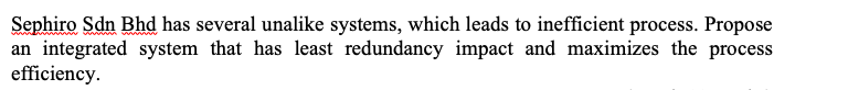 Sephiro Sdn Bhd has several unalike systems, which leads to inefficient process. Propose
an integrated system that has least redundancy impact and maximizes the process
efficiency.
www
