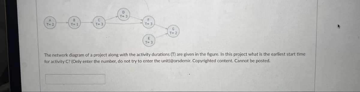 A
T-2
B
T-1
T-3
T-3
The network diagram of a project along with the activity durations (T) are given in the figure. In this project what is the earliest start time
for activity C? (Only enter the number, do not try to enter the unit)@orsdemir. Copyrighted content. Cannot be posted.