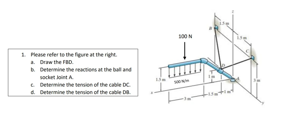1.5 m
B
100 N
1.5 m
1. Please refer to the figure at the right.
a. Draw the FBD.
b. Determine the reactions at the ball and
socket Joint A.
1m
1.5 m
3 m
500 N/m
С.
Determine the tension of the cable DC.
d. Determine the tension of the cable DB.
1 m
1.5 m
3 m
