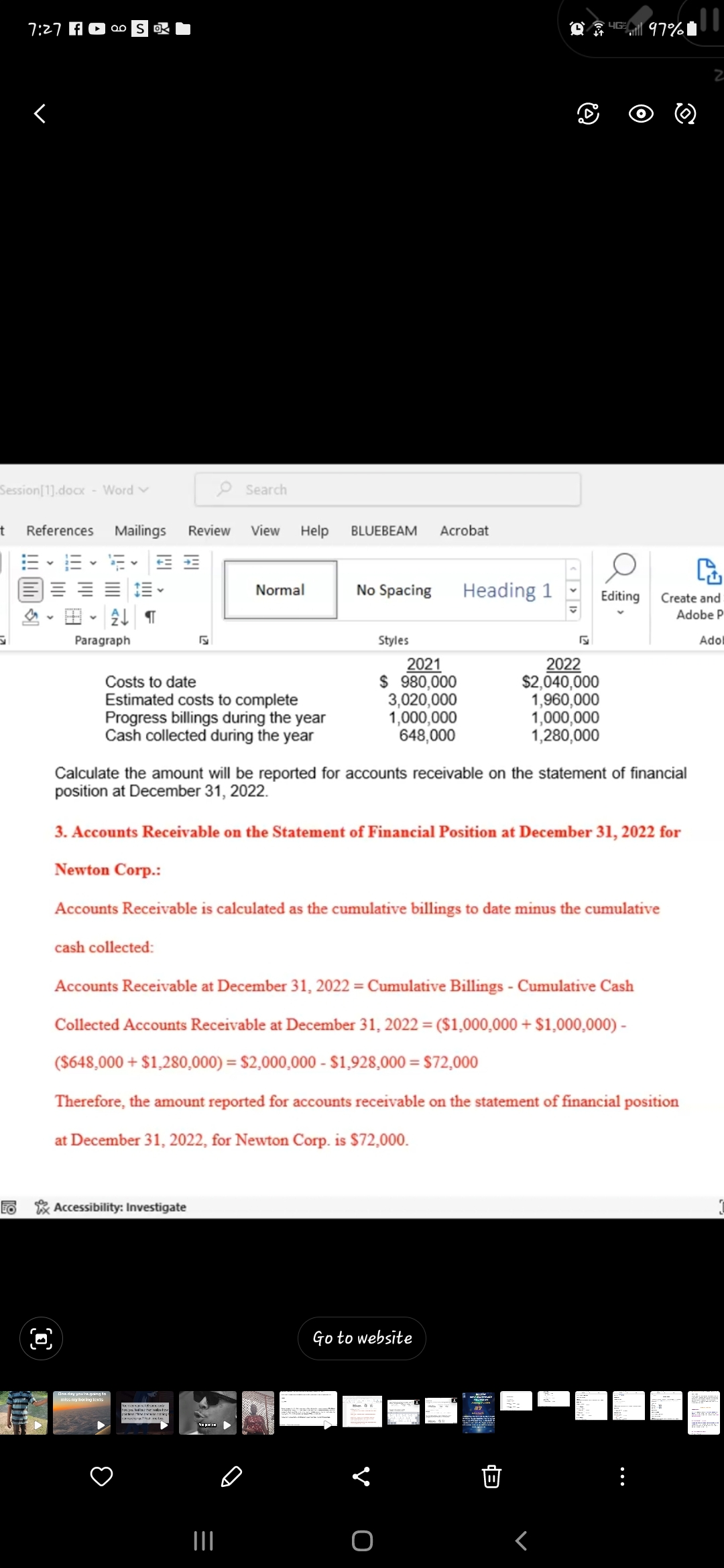 7:27 f
t
<
Session[1].docx - Word ✓
Qo
138 - 21
Paragraph
O
References Mailings Review View Help BLUEBEAM
One day you're going to
miss my boring texts
##
TO Accessibility: Investigate
Search
Costs to date
Estimated costs to complete
Progress billings during the year
Cash collected during the year
hoher webb
ng
Normal
|||
No Spacing
Styles
Acrobat
2021
$ 980,000
3,020,000
1,000,000
648,000
Go to website
O
Heading 1
√
Calculate the amount will be reported for accounts receivable on the statement of financial
position at December 31, 2022.
3. Accounts Receivable on the Statement of Financial Position at December 31, 2022 for
Newton Corp.:
Accounts Receivable is calculated as the cumulative billings to date minus the cumulative
cash collected:
Accounts Receivable at December 31, 2022 = Cumulative Billings- Cumulative Cash
Collected Accounts Receivable at December 31, 2022 = ($1,000,000+ $1,000,000) -
($648,000+ $1,280,000) = $2,000,000 - $1,928,000 = $72,000
Therefore, the amount reported for accounts receivable on the statement of financial position
at December 31, 2022, for Newton Corp. is $72,000.
87
2022
$2,040,000
1,960,000
1,000,000
1,280,000
4G:
Editing
97%
C
Create and
Adobe P
Adol
Stewww
BERTR