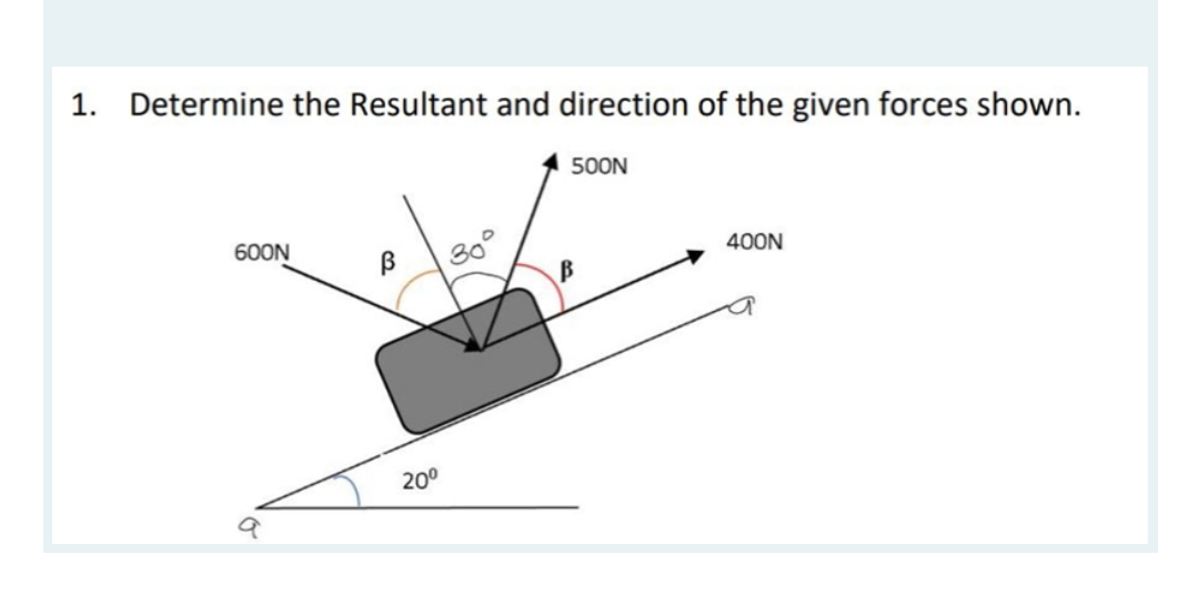 1. Determine the Resultant and direction of the given forces shown.
500N
60ON
30°
400N
B
200
