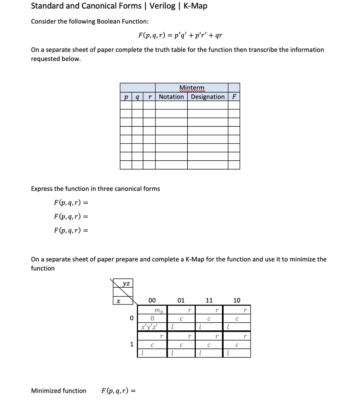 Standard and Canonical Forms | Verilog | K-Map
Consider the following Boolean Function:
F(p,q,r) = p'q' + p'r' + qr
On a separate sheet of paper complete the truth table for the function then transcribe the information
requested below.
Express the function in three canonical forms
F(p,q,r) =
F(p,q,r) =
F(p,q,r) =
Minimized function
р q r Notation Designation F
On a separate sheet of paper prepare and complete a K-Map for the function and use it to minimize the
function
X
yz
0
1
F (p, q, r):
=
00
1
mo
0
x'y'z'
C
r
Minterm
1
1
01
C
C
r
r
1
1
11
C
C
r
r
1
1
10
C
C
r
r