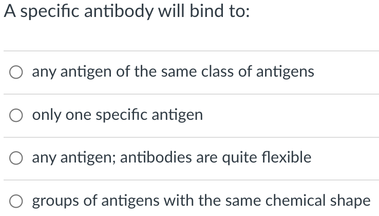 A specific antibody will bind to:
O any antigen of the same class of antigens
O only one specific antigen
O any antigen; antibodies are quite flexible
O groups of antigens with the same chemical shape
