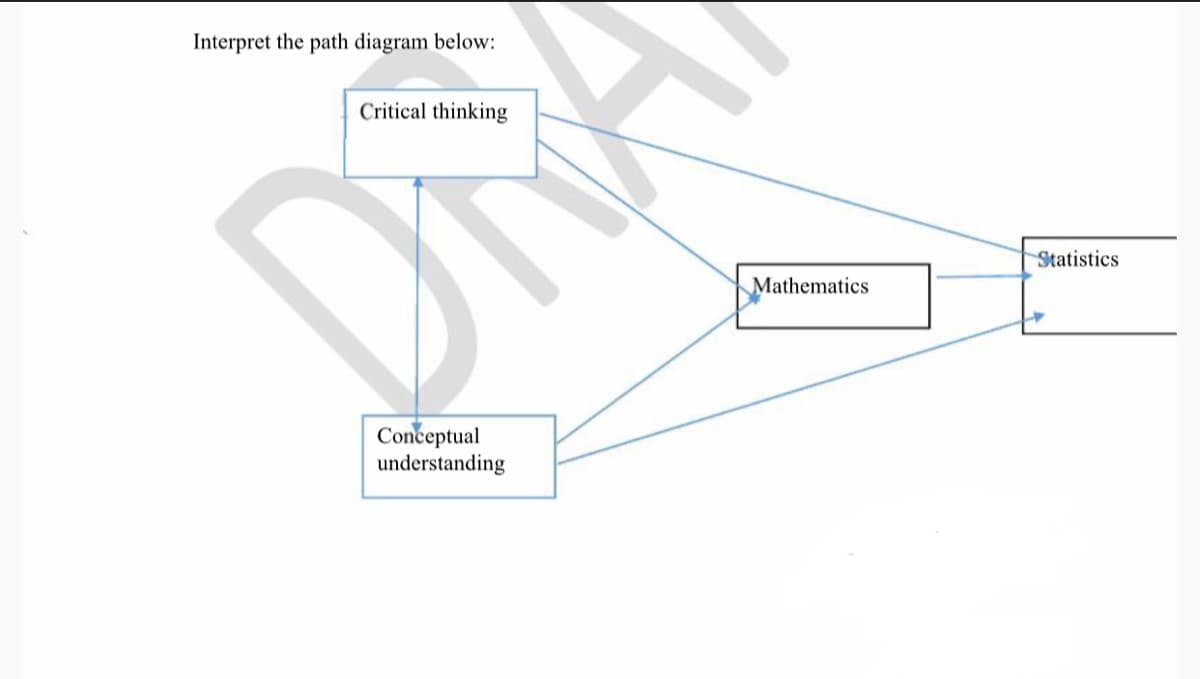 Interpret the path diagram below:
Critical thinking
DNA
Statistics
Mathematics
Conceptual
understanding
