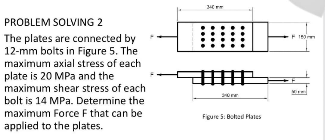 PROBLEM SOLVING 2
The plates are connected by
12-mm bolts in Figure 5. The
maximum axial stress of each
plate is 20 MPa and the
maximum shear stress of each
bolt is 14 MPa. Determine the
maximum Force F that can be
applied to the plates.
F
F
340 mm
D
340 mm
Figure 5: Bolted Plates
F 150 mm
F
50 mm