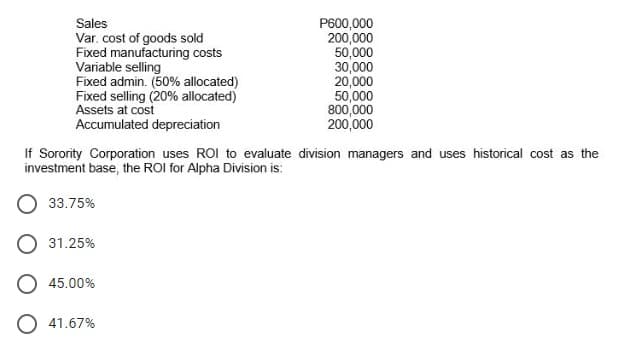 Sales
Var. cost of goods sold
Fixed manufacturing costs
Variable selling
Fixed admin. (50% allocated)
Fixed selling (20% allocated)
Assets at cost
Accumulated depreciation
P600,000
200,000
50,000
30,000
20,000
50,000
800,000
200,000
If Sorority Corporation uses ROI to evaluate division managers and uses historical cost as the
investment base, the ROI for Alpha Division is:
33.75%
O 31.25%
O 45.00%
O 41.67%
