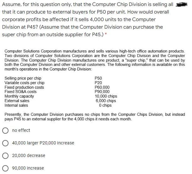 Assume, for this question only, that the Computer Chip Division is selling all
that it can produce to external buyers for P50 per unit. How would overall
corporate profits be affected if it sells 4,000 units to the Computer
Division at P45? (Assume that the Computer Division can purchase the
super chip from an outside supplier for P45.) *
Computer Solutions Corporation manufactures and sells various high-tech office automation products.
Two divisions of Computer Solutions Corporation are the Computer Chip Division and the Computer
Division. The Computer Chip Division manufactures one product, a "super chip." that can be used by
both the Computer Division and other external customers. The following information is available on this
month's operations in the Computer Chip Division:
Selling price per chip
Variable costs per chip
Fixed production costs
Fixed SG&A costs
Monthly capacity
External sales
P50
P20
P60,000
P90,000
10,000 chips
6,000 chips
O chips
Internal sales
Presently, the Computer Division purchases no chips from the Computer Chips Division, but instead
pays P45 to an external supplier for the 4,000 chips it needs each month.
no effect
O 40,000 larger P20,000 increase
20,000 decrease
90,000 increase
