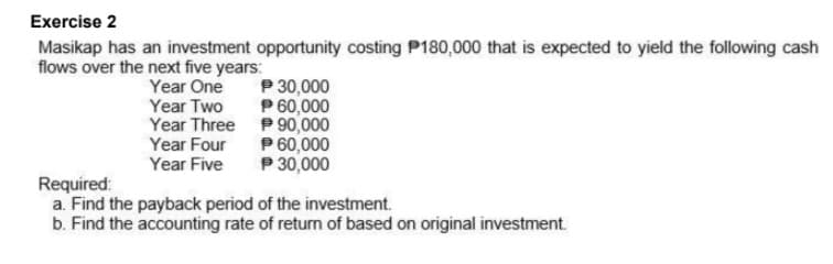 Exercise 2
Masikap has an investment opportunity costing P180,000 that is expected to yield the following cash
flows over the next five years:
P 30,000
P 60,000
Year One
Year Two
Year Three P 90,000
Year Four
Year Five
P 60,000
P 30,000
Required:
a. Find the payback period of the investment.
b. Find the accounting rate of return of based on original investment.
