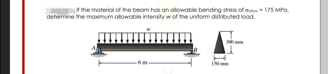 If the material of the beam has an allowable bending stress of Gallow = 175 MPa,
determine the maximum allowable intensity w of the uniform distributed load.
300 mm
6 m
150 mm
