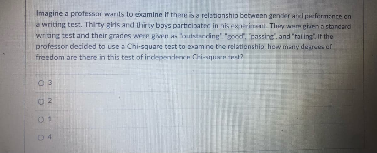 Imagine a professor wants to examine if there is a relationship between gender and performance on
a writing test. Thirty girls and thirty boys participated in his experiment. They were given a standard
writing test and their grades were given as "outstanding", "good", "passing", and "failing". If the
professor decided to use a Chi-square test to examine the relationship, how many degrees of
freedom are there in this test of independence Chi-square test?
O 3
O 2
0 1
0 4
