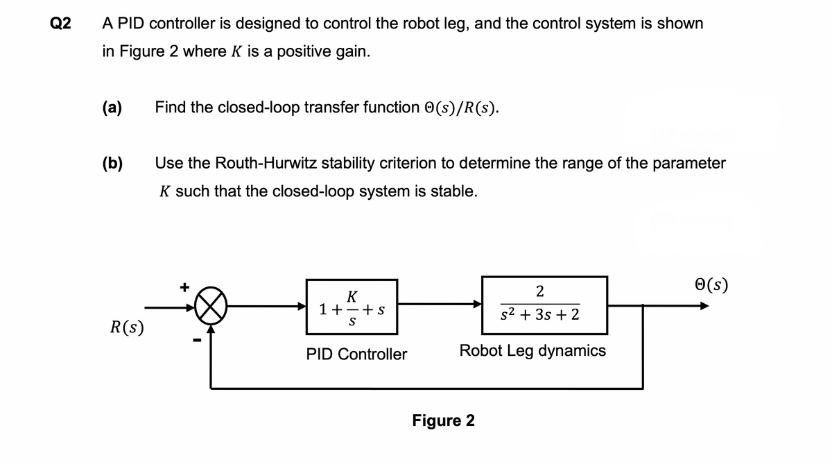 Q2
A PID controller is designed to control the robot leg, and the control system is shown
in Figure 2 where K is a positive gain.
(a)
(b)
R(s)
Find the closed-loop transfer function (s)/R(s).
Use the Routh-Hurwitz stability criterion to determine the range of the parameter
K such that the closed-loop system is stable.
K
1+-+s
S
PID Controller
2
s² + 3s + 2
Robot Leg dynamics
Figure 2
✪(s)