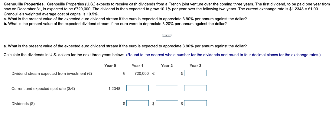 Grenouille Properties. Grenouille Properties (U.S.) expects to receive cash dividends from a French joint venture over the coming three years. The first dividend, to be paid one year from
now on December 31, is expected to be €720,000. The dividend is then expected to grow 10.1% per year over the following two years. The current exchange rate is $1.2348 = €1.00.
Grenouille's weighted average cost of capital is 10.5%.
a. What is the present value of the expected euro dividend stream if the euro is expected to appreciate 3.90% per annum against the dollar?
b. What is the present value of the expected dividend stream if the euro were to depreciate 3.20% per annum against the dollar?
a. What is the present value of the expected euro dividend stream if the euro is expected to appreciate 3.90% per annum against the dollar?
Calculate the dividends in U.S. dollars for the next three years below: (Round to the nearest whole number for the dividends and round to four decimal places for the exchange rates.)
Dividend stream expected from investment (€)
Current and expected spot rate ($/€)
Dividends ($)
Year 0
1.2348
€
$
Year 1
Year 2
720,000 €
Year 3