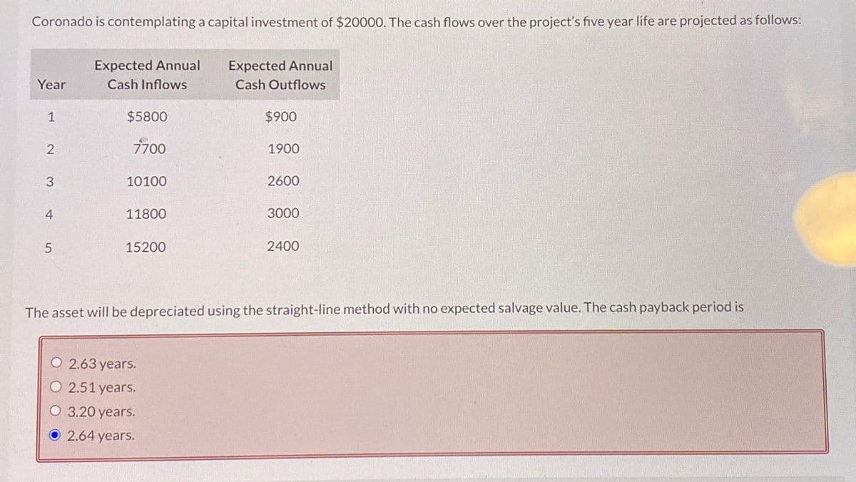 Coronado is contemplating a capital investment of $20000. The cash flows over the project's five year life are projected as follows:
Expected Annual
Expected Annual
Cash Outflows
Year
Cash Inflows
1
$5800
$900
2
7700
1900
3
10100
2600
4
11800
3000
5
15200
2400
The asset will be depreciated using the straight-line method with no expected salvage value. The cash payback period is
O 2.63 years.
O 2.51 years.
O 3.20 years.
● 2.64 years.