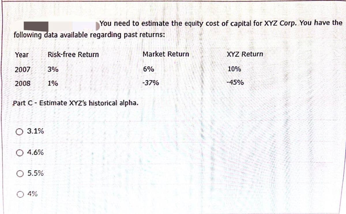 You need to estimate the equity cost of capital for XYZ Corp. You have the
following data available regarding past returns:
Year
Risk-free Return
2007
3%
2008
1%
Part C Estimate XYZ's historical alpha.
3.1%
4.6%
5.5%
4%
Market Return
XYZ Return
6%
10%
-37%
-45%
wwwww