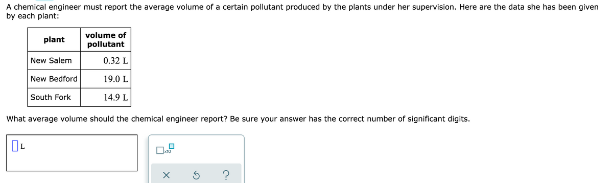 A chemical engineer must report the average volume of a certain pollutant produced by the plants under her supervision. Here are the data she has been given
by each plant:
volume of
plant
pollutant
New Salem
0.32 L
New Bedford
19.0 L
South Fork
14.9 L
What average volume should the chemical engineer report? Be sure your answer has the correct number of significant digits.
x10
?
